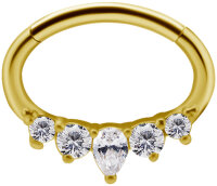 Yellow gold clicker ring (oval) with 5 premium cubic zirconia - 1.2 mm thickness