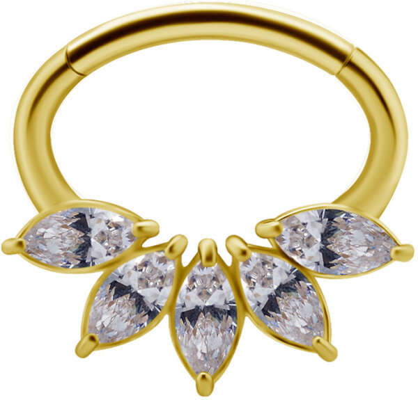 Yellow gold clicker ring (oval) with 5 premium zirconia (marquise) - 1.2 mm thickness