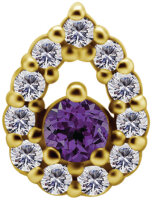 Internal yellow gold drop with 11 premium cubic zirconia and genuine amethyst - 0.8 mm thread