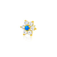 Gelbgold threadless Flower CZ, blauer Opal