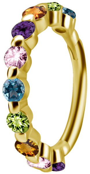 Yellow gold clicker ring with 10 colourful genuine gemstones - 1.2 mm thickness