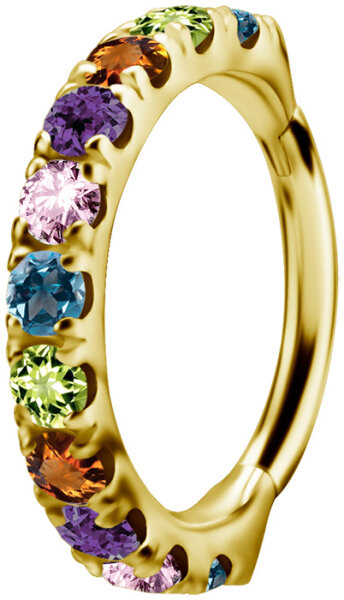 Yellow gold clicker ring with 11 colourful genuine gemstones - 1.2 mm thickness