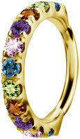 Yellow gold clicker ring with 11 colourful genuine...