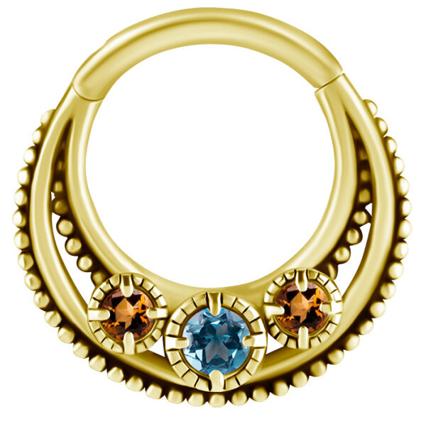 Gelbgold Clicker-Ring mit 3 verschiedenen echten Edelsteinen - 1.2 mm Stäke