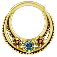 Yellow gold clicker ring with 3 colourful genuine...